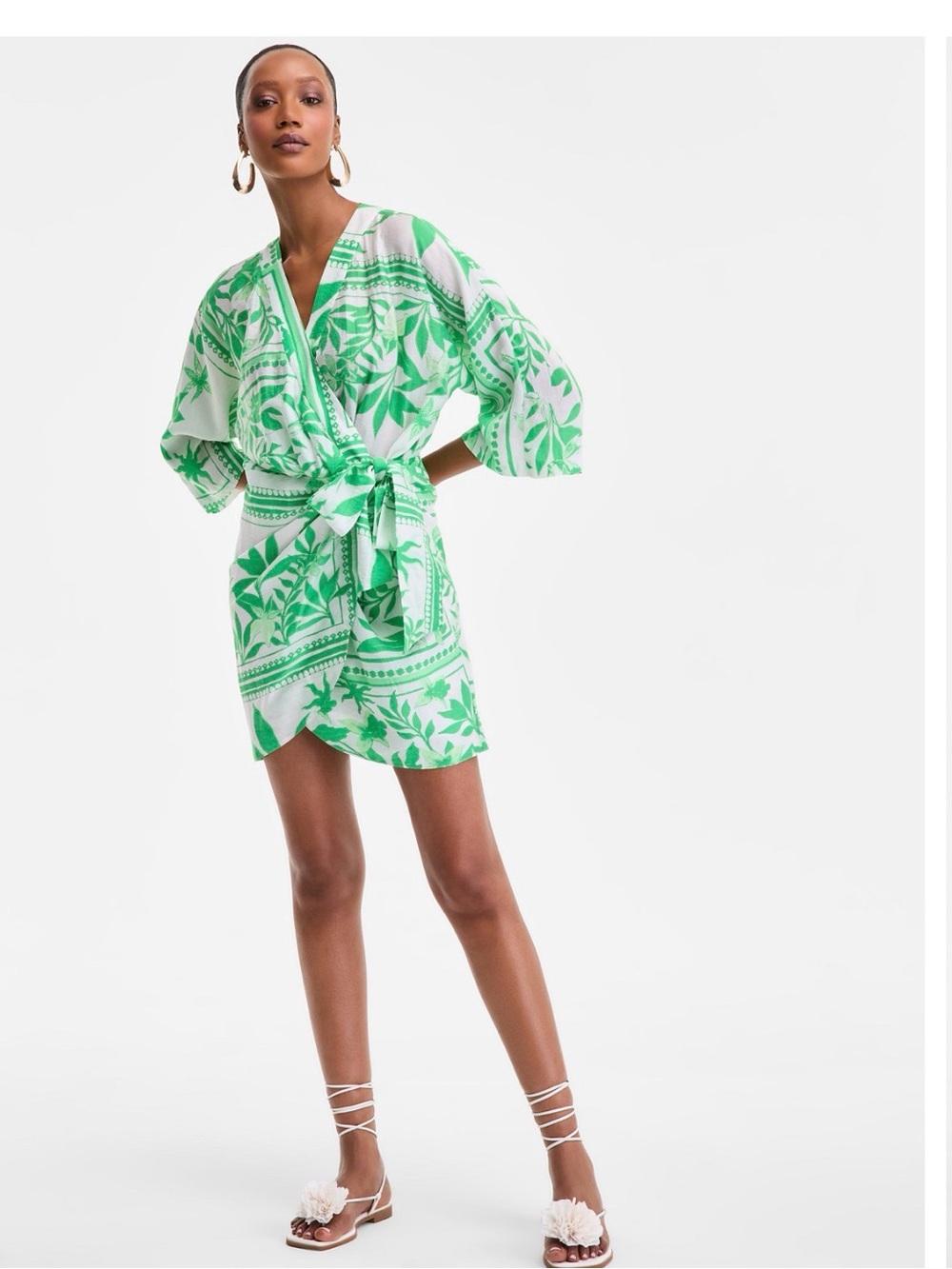 Green Leaf-Print Wrap dress